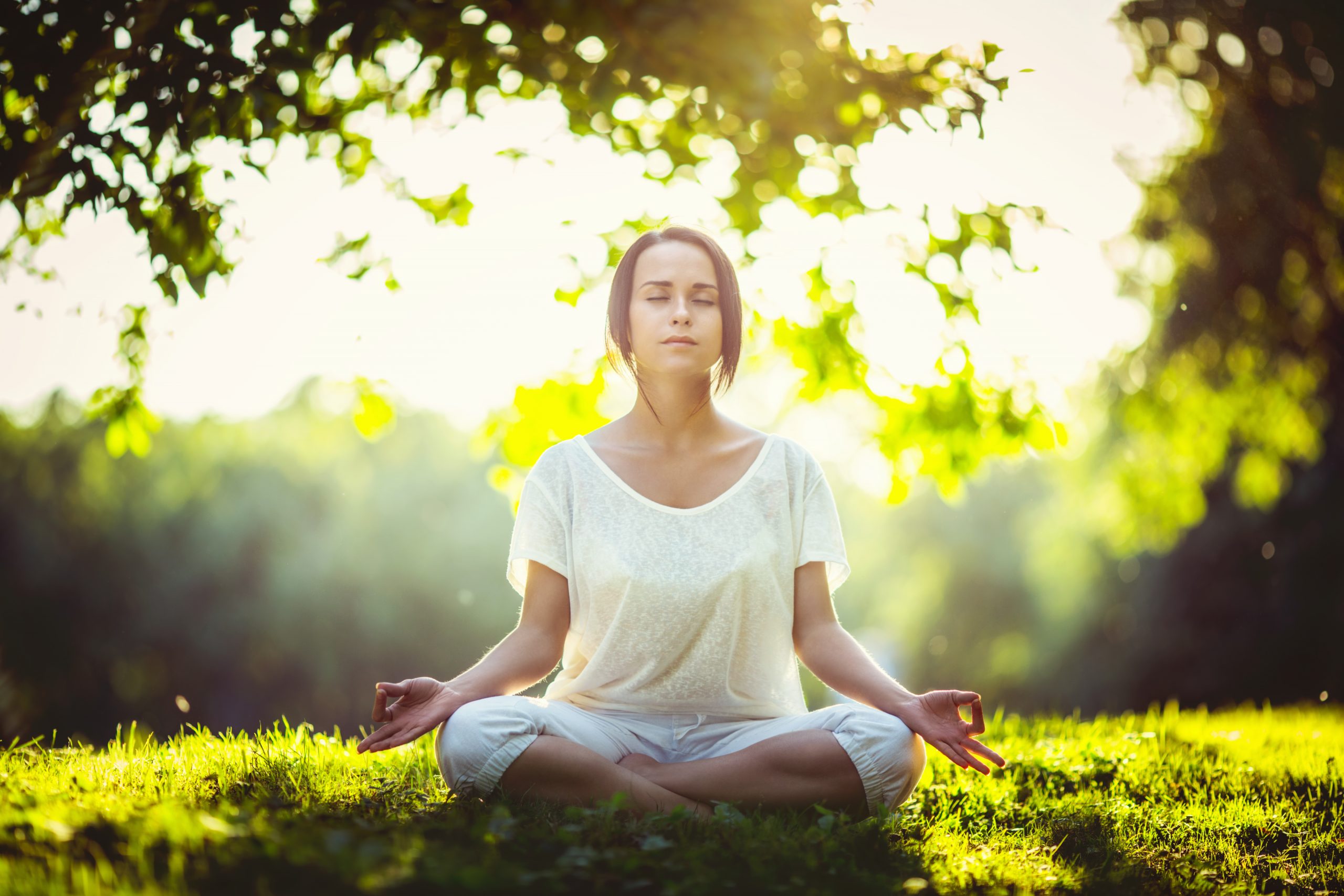 Mujer meditando en posición de loto en plena naturaleza, rodeada de luz natural, simbolizando paz interior y conexión con el entorno en Caminar Creciendo, Sevilla.