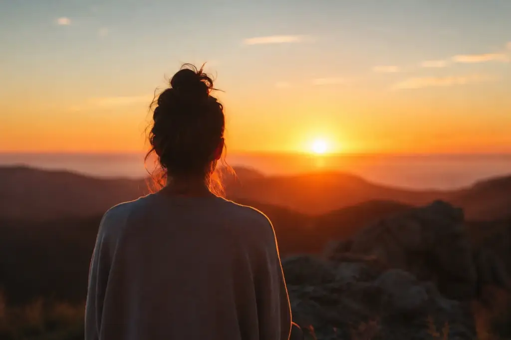 Mujer de espaldas frente al amanecer en la montaña, imagen del regreso a uno mismo después de atravesar una pérdida