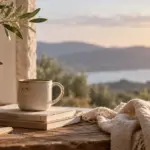 Taza de cerámica humeante sobre libros en una mesa de madera junto a una ventana, con ramas de olivo, una vela encendida y un paisaje de colinas al atardecer al fondo: una imagen de pausa y calma cotidiana que ilustra la experiencia RESET de Caminar Creciendo.