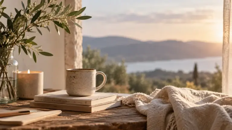 Taza de cerámica humeante sobre libros en una mesa de madera junto a una ventana, con ramas de olivo, una vela encendida y un paisaje de colinas al atardecer al fondo: una imagen de pausa y calma cotidiana que ilustra la experiencia RESET de Caminar Creciendo.