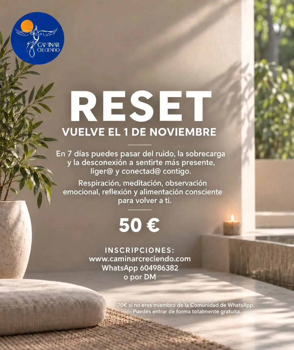 RESET vuelve el 1 de noviembre. Reflexiones, respiración y meditaciones. Siete días libres de azúcares, ultraprocesados y alcohol. 50 euros. Inscripciones en caminarcreciendo.com o por WhatsApp 604986382.