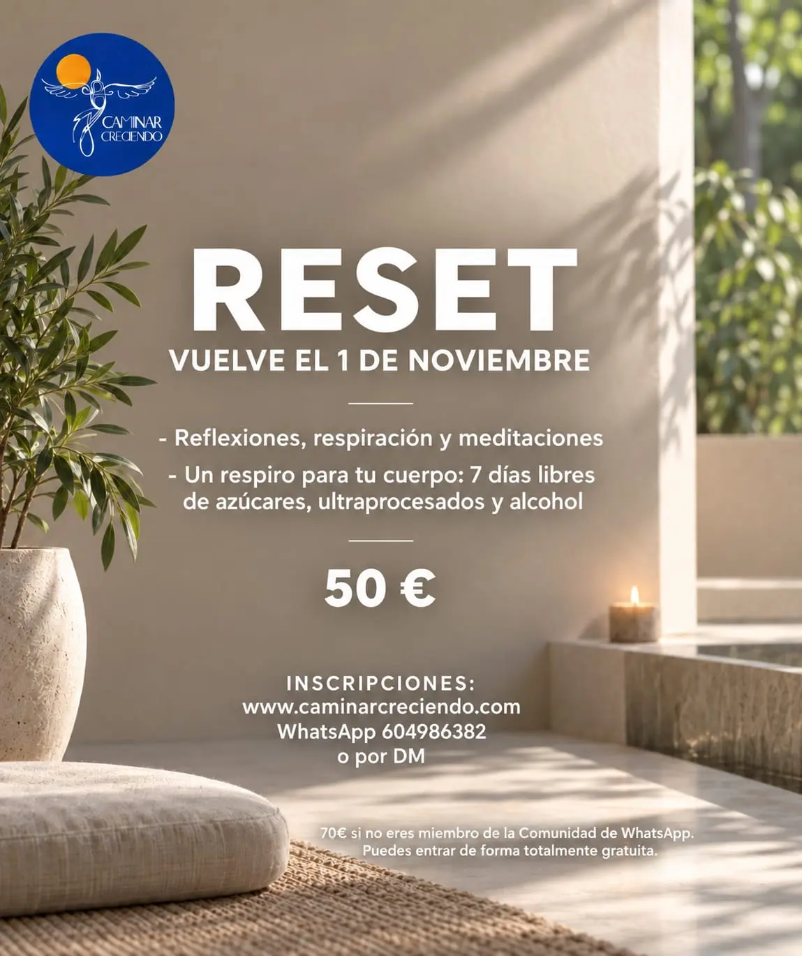 RESET vuelve el 1 de noviembre. Reflexiones, respiración y meditaciones. Siete días libres de azúcares, ultraprocesados y alcohol. 50 euros. Inscripciones en caminarcreciendo.com o por WhatsApp 604986382.