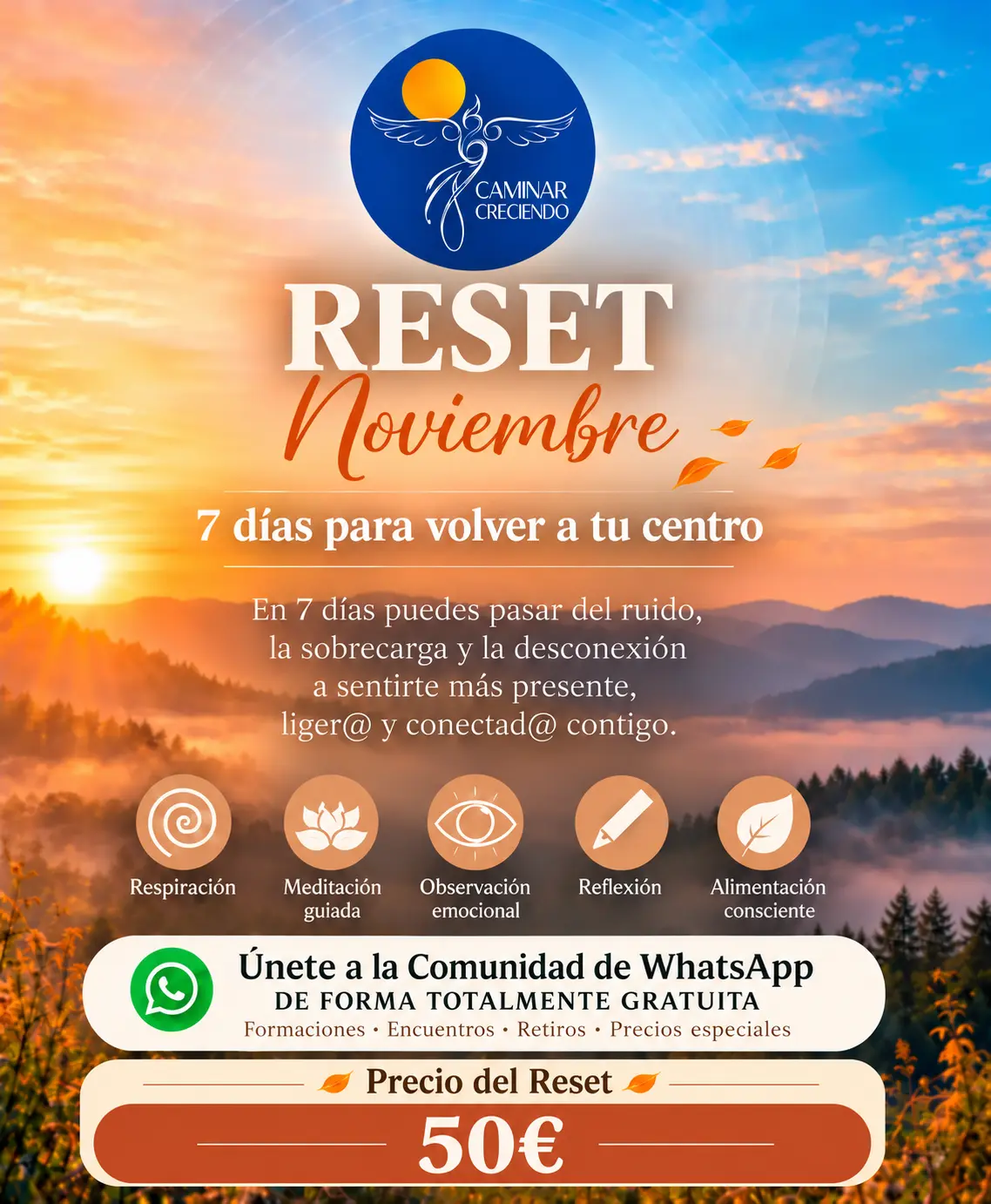 RESET vuelve el 1 de noviembre. Reflexiones, respiración y meditaciones. Siete días libres de azúcares, ultraprocesados y alcohol. 50 euros. Inscripciones en caminarcreciendo.com o por WhatsApp 604986382.