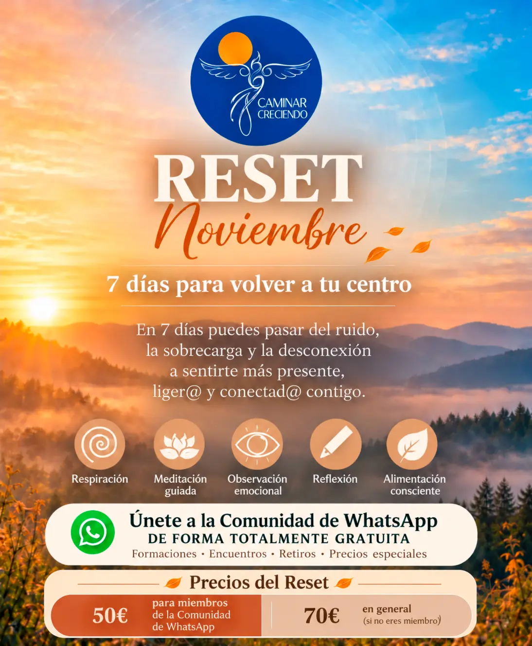 RESET vuelve el 1 de noviembre. Reflexiones, respiración y meditaciones. Siete días libres de azúcares, ultraprocesados y alcohol. 50 euros. Inscripciones en caminarcreciendo.com o por WhatsApp 604986382.